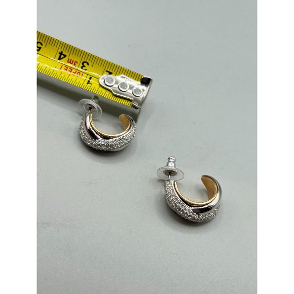 Vintage Swarovski Signed Swan Hoops Earrings Clear Crystals Silver & Gold Plated - Picture 7 of 7